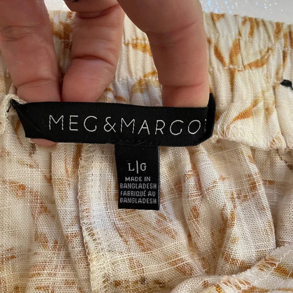 Meg & Margot Wide Leg Pants Womens L Beige Linen Rayon Tropical Crop Boho Chic